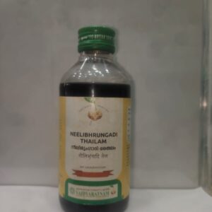 Vaidyaratnam Neelibhrungadi Thailam is a classical Ayurvedic hair and scalp oil formulated with traditional herbs including Neelini, Bhrungaraja, Indravalli and Amalaki, along with herbal pastes, milk and coconut oil. It is traditionally indicated for hair fall and premature greying of hair and is intended for application on the head as directed by a physician.